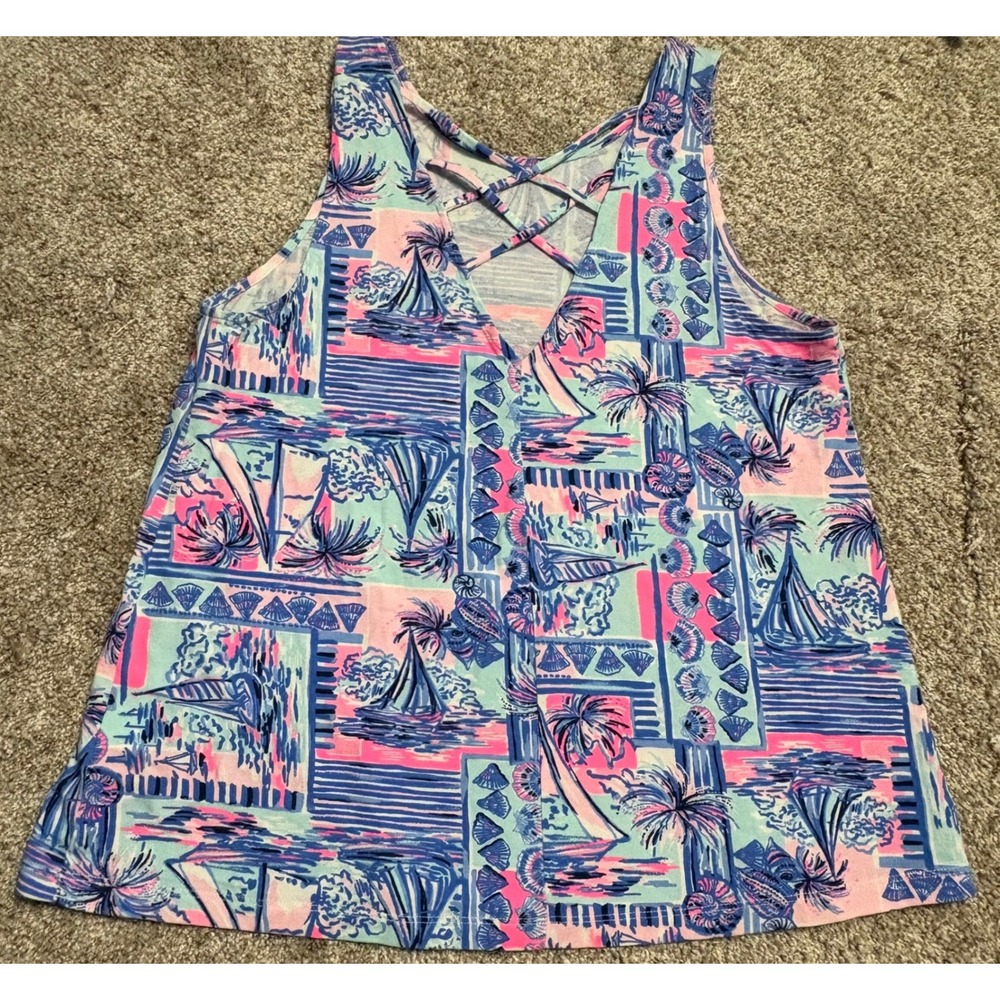 Lilly Pulitzer Kristen Tank Top Women Size Medium Sailboat Palm Tree Shell Print